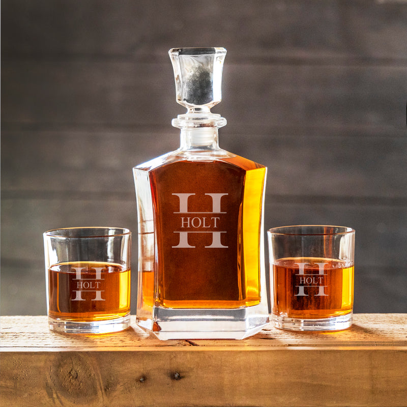 Personalized Whiskey Decanter Set with 2 Lowball Glasses