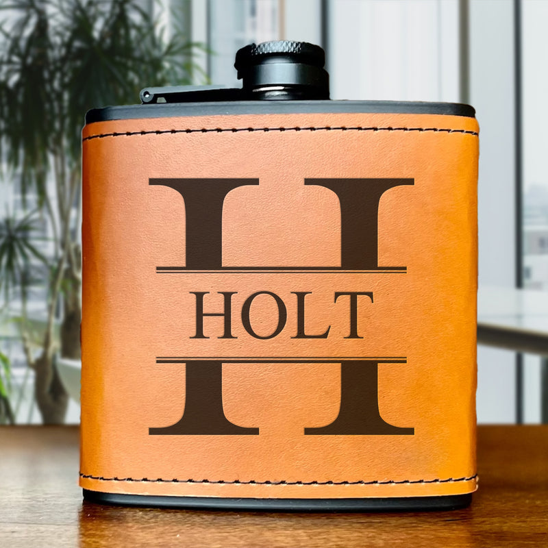 Groomsmen Gift Set of 5 Personalized Leather Wrapped Black Flasks
