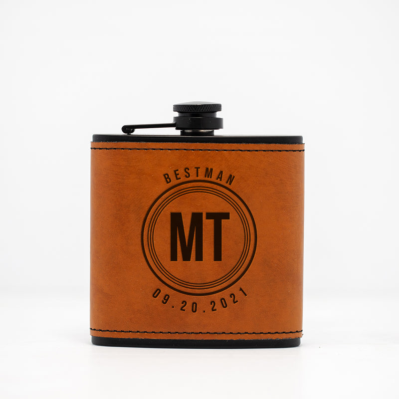 Groomsmen Gift Set of 5 Personalized Leather Wrapped Black Flasks