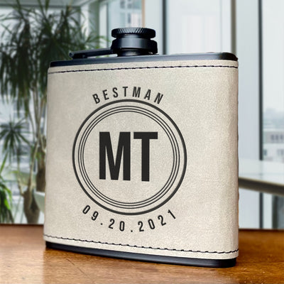 Groomsmen Gift Set of 5 Personalized Leather Wrapped Black Flasks