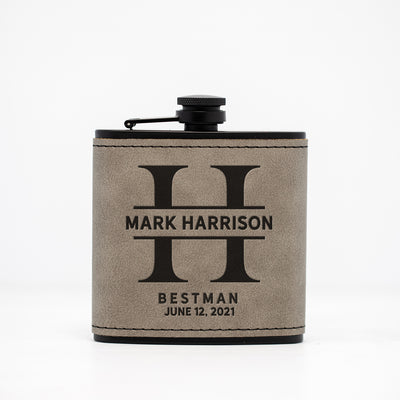 Groomsmen Gift Set of 5 Personalized Leather Wrapped Black Flasks