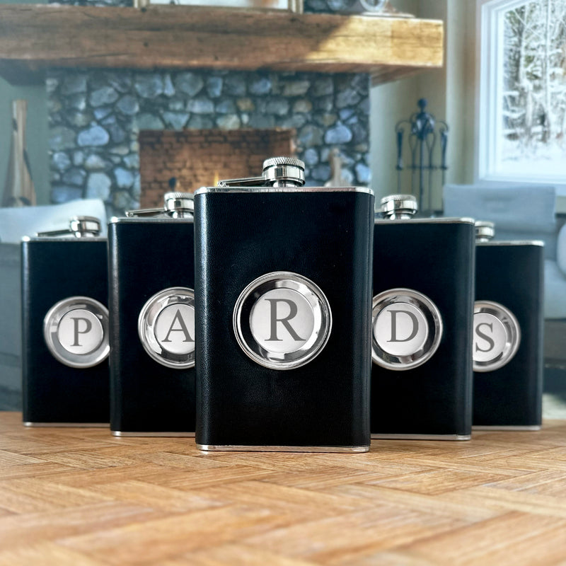 Groomsmen Set of 5 Leather Flask with Folding Shot Glass