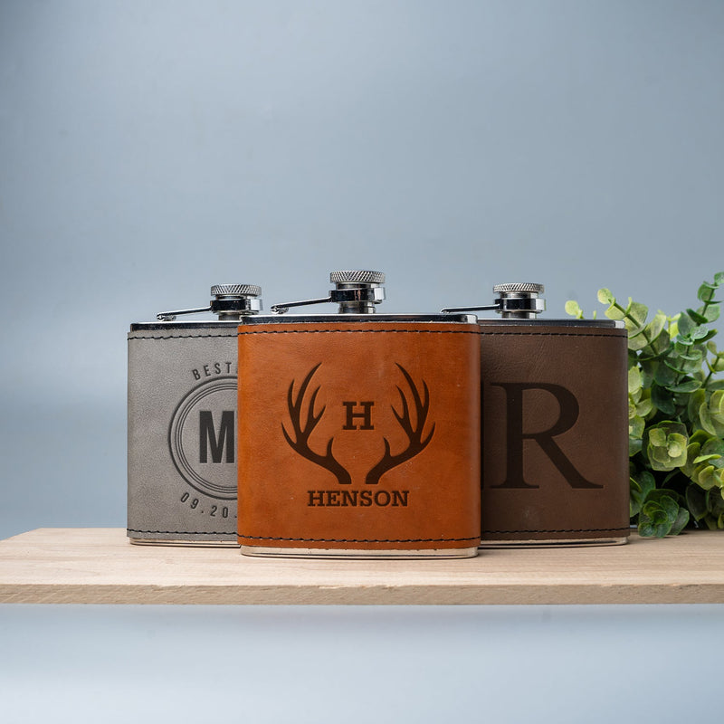 Groomsmen Gift Set of 5 Personalized Leather Wrapped Flasks