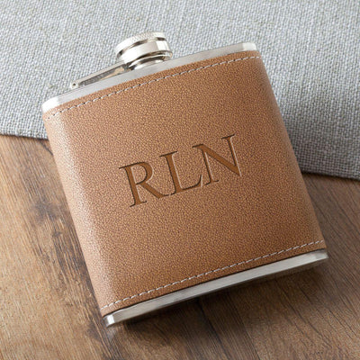 Personalized Tan Stitched-Hide Flask