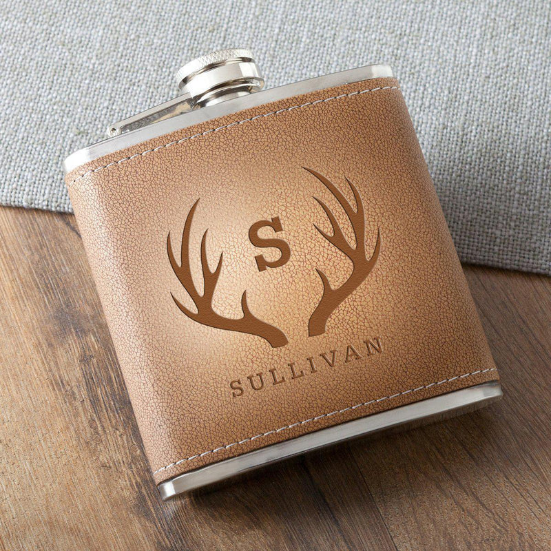 Personalized Tan Stitched-Hide Flask