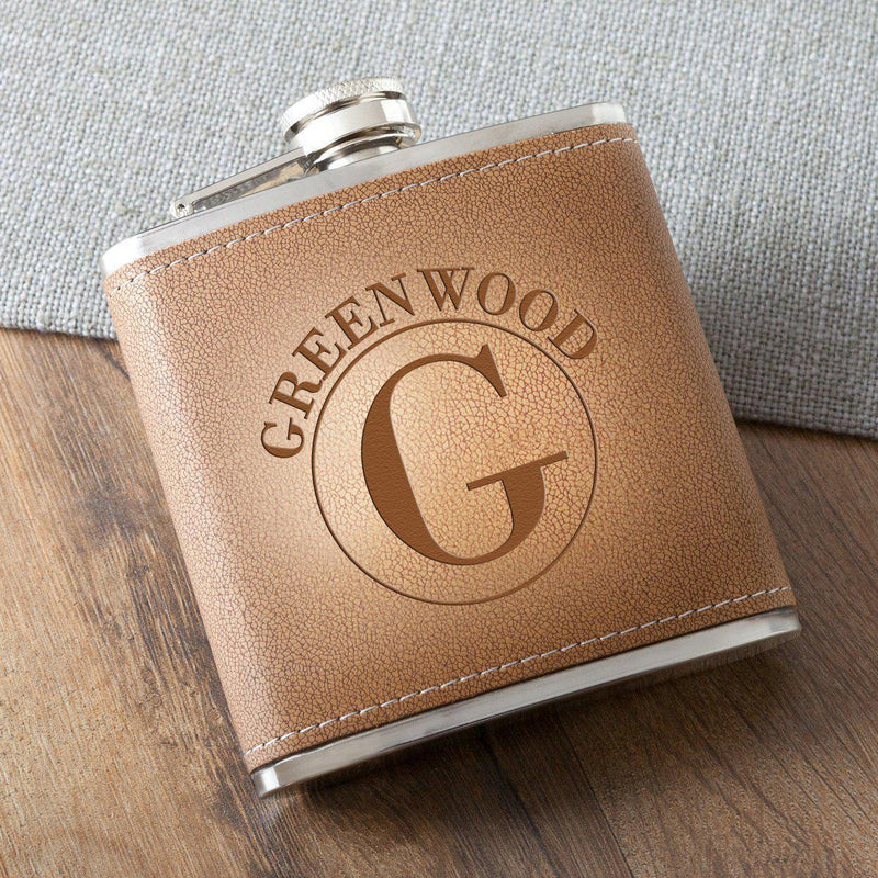 Personalized Tan Stitched-Hide Flask