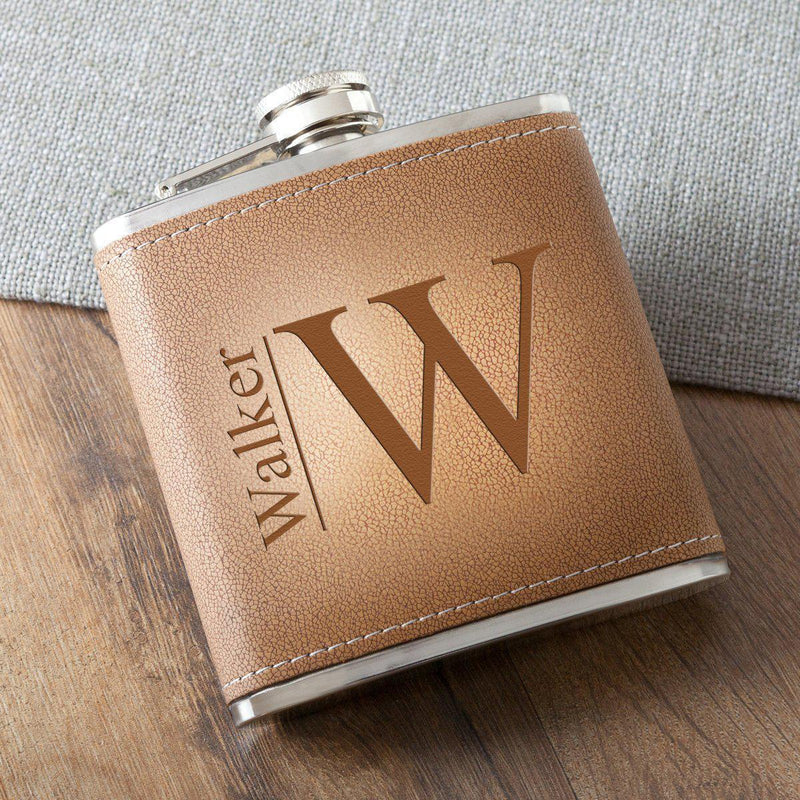Personalized Tan Stitched-Hide Flask