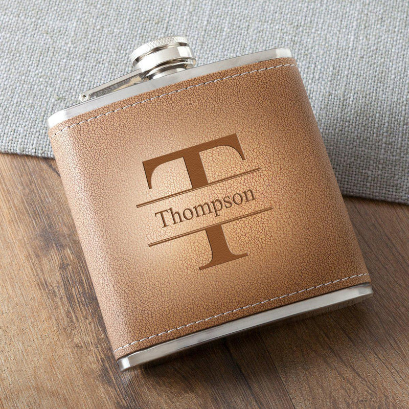 Personalized Tan Stitched-Hide Flask