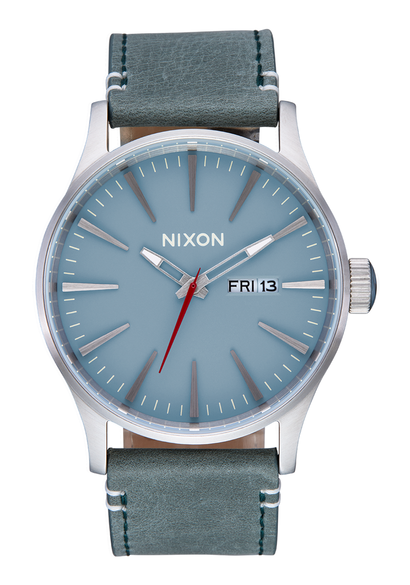 Nixon Sentry Leather Watch - Silver /Dusty Blue / Dk Forest