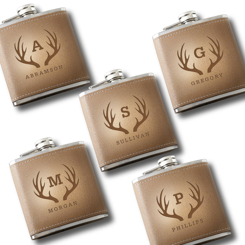 Personalized Set of 5 Engraved Tan Stitched-Hide Flasks for Groomsmen-Antlers-