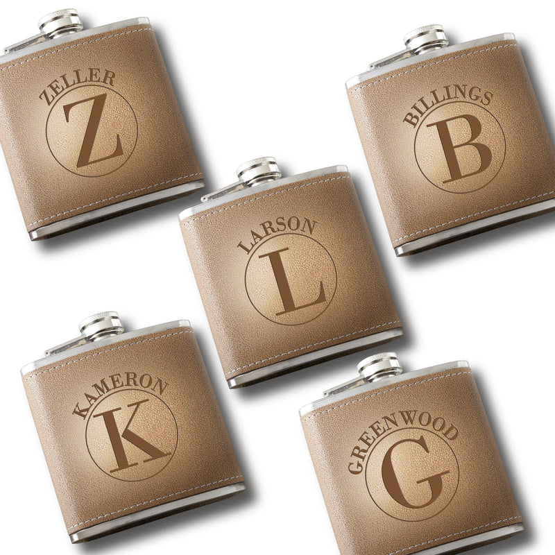Personalized Set of 5 Engraved Tan Stitched-Hide Flasks for Groomsmen-Circle-