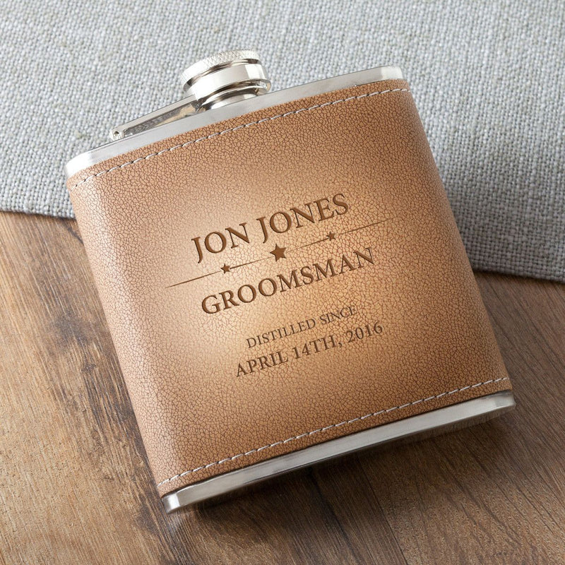 Groomsmen personalized Tan Hide Stitched Flask-Distilled-