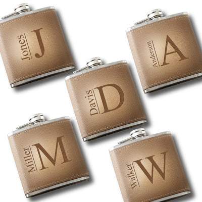 Personalized Set of 5 Engraved Tan Stitched-Hide Flasks for Groomsmen-Modern-