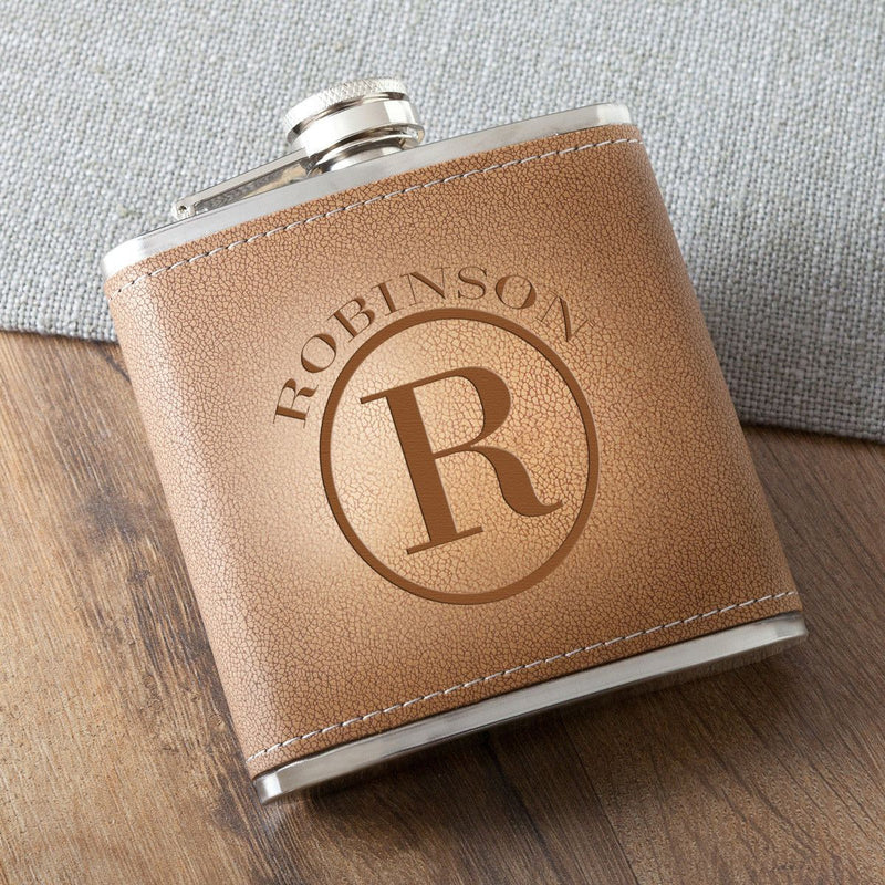 Durango Personalized Tan Stitched-Hide Flask-Flasks-JDS-Circle-