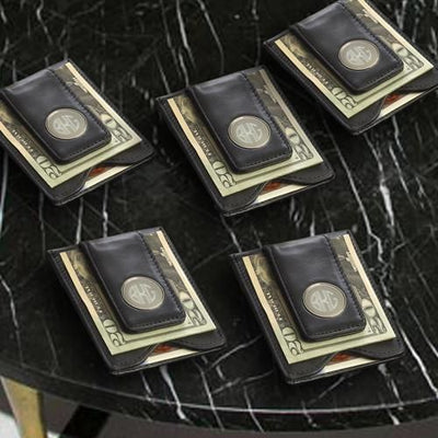 Groomsmen Gift Set of 5 Personalized Black Leather Wallet & Money Clip