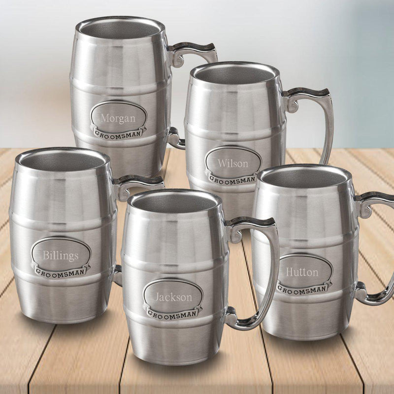 Set of 5 Personalized Groomsmen Pewter Medallion Tankard Stainless Steel - 16 oz.