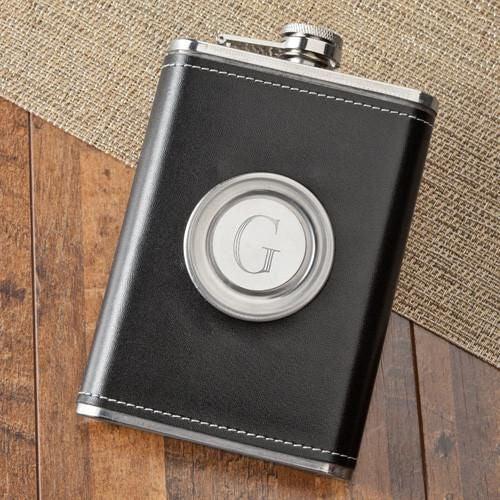 8 oz. Leather Flask with Folding Shot Glass-Default-