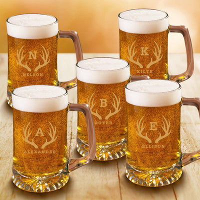Personalized Groomsmen Monogram Beer Mugs Set of 5 - 25 oz.-Barware-JDS-Antler-