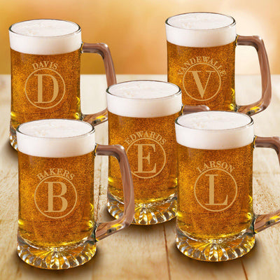 Personalized Groomsmen Monogram Beer Mugs Set of 5 - 25 oz.-Barware-JDS-Circle-