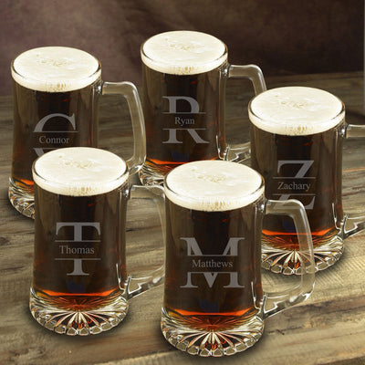 Personalized Beer Mugs - Set of 5 - Groomsmen - Monogram - 25 oz.-Stamped-