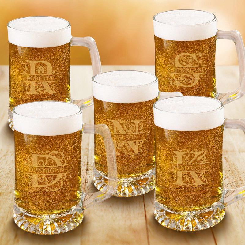 Personalized Groomsmen Monogram Beer Mugs Set of 5 - 25 oz.-Barware-JDS-Filigree-