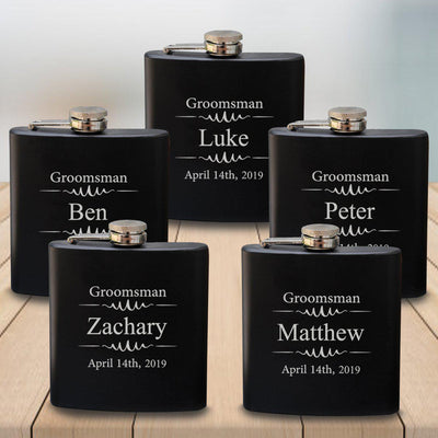 Groomsmen Set of 5 Black Matte Flasks