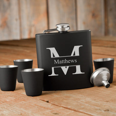 Personalized Matte Black Flask & Shot Glass Box Set - Monogrammed Flask and Shot Glass Set - Personalized Shot Glass Set-Stamped-