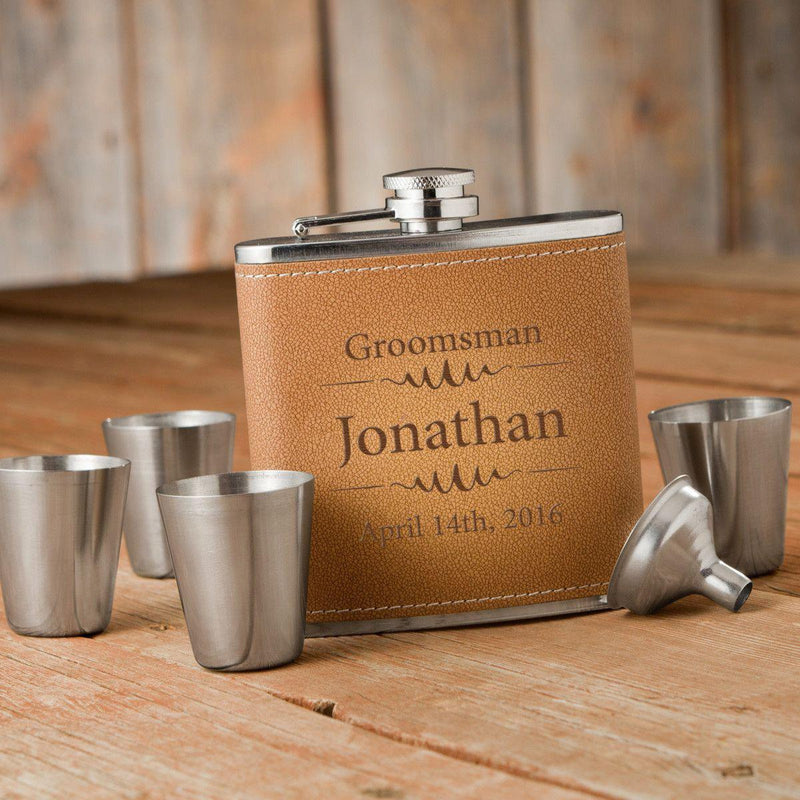 Personalized Flask & Shot Glasses - Tan Hide-Barware-JDS-Modern-