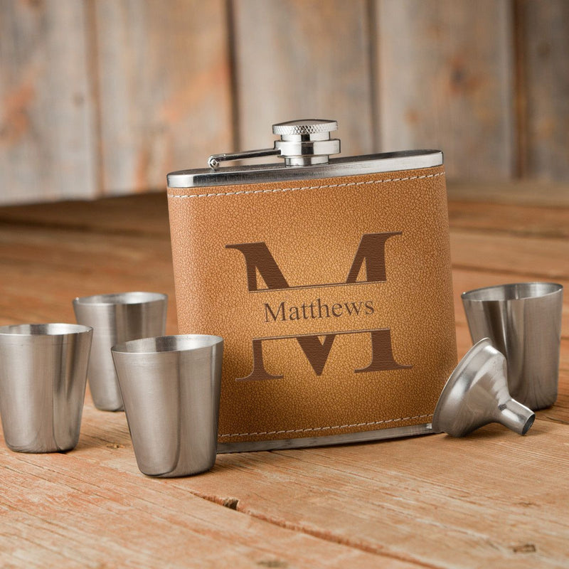 Durango Monogrammed Hide Stitch Flask & Shot Glass Box Set-Stamped-