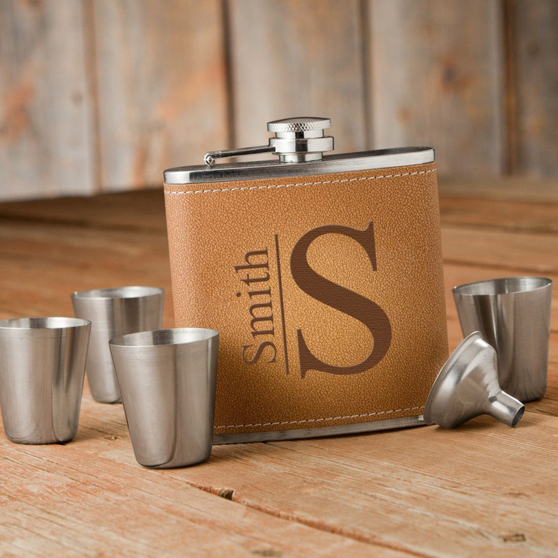 Durango Monogrammed Hide Stitch Flask & Shot Glass Box Set-Modern-