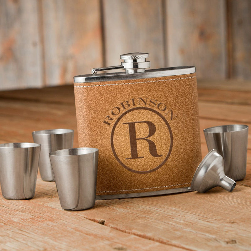 Durango Monogrammed Hide Stitch Flask & Shot Glass Box Set-Circle-