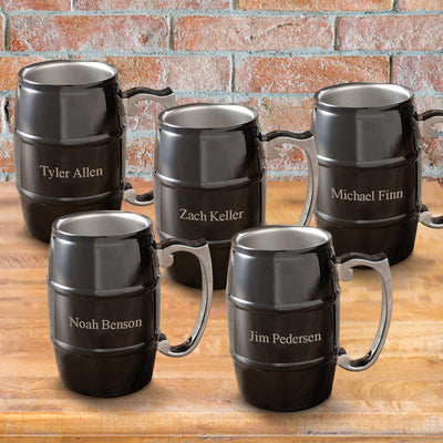 Set of 5 Personalized Black Beer Tankards - Stainless Steel - 16 oz.