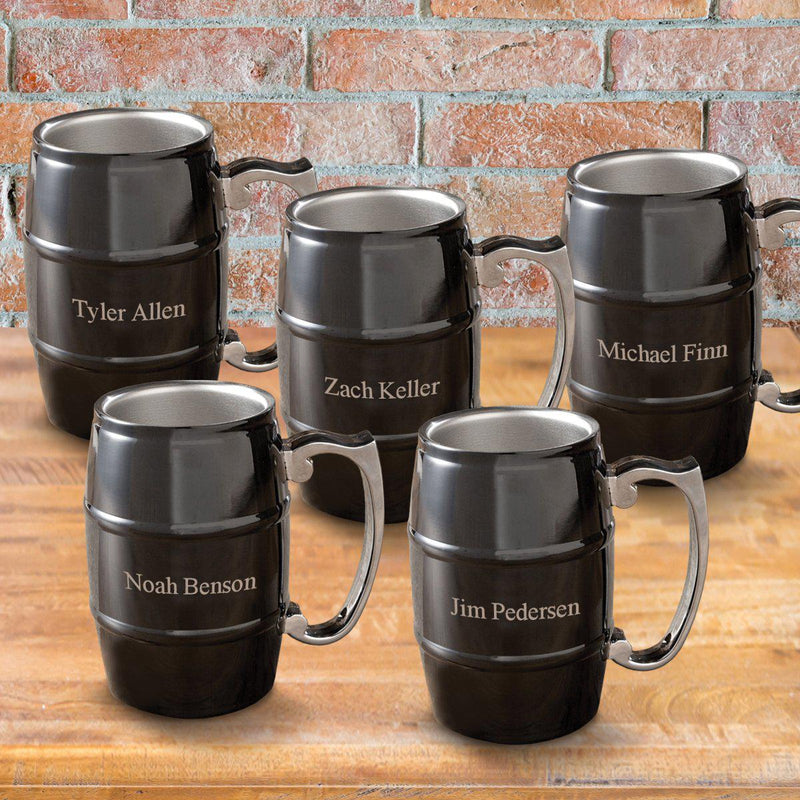 Set of 5 Personalized Black Beer Tankards - Stainless Steel - 16 oz.