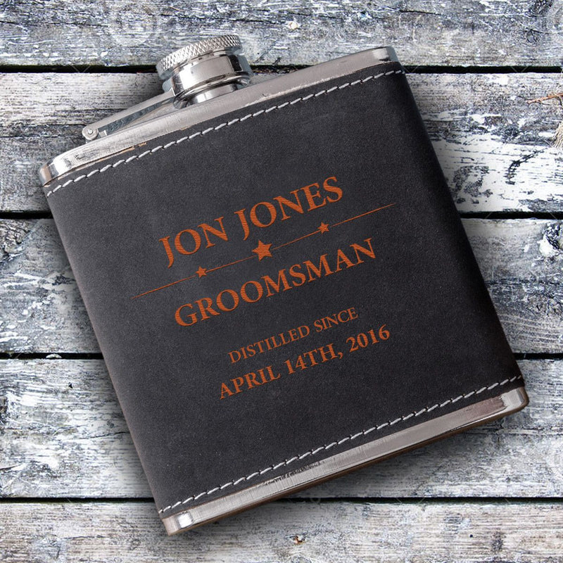Groomsmen 6oz Suede Flask with Orange Lettering-Distilled-