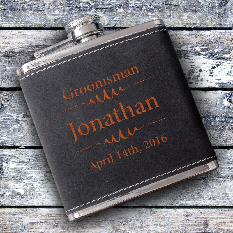 Groomsmen 6oz Suede Flask with Orange Lettering-Modern-