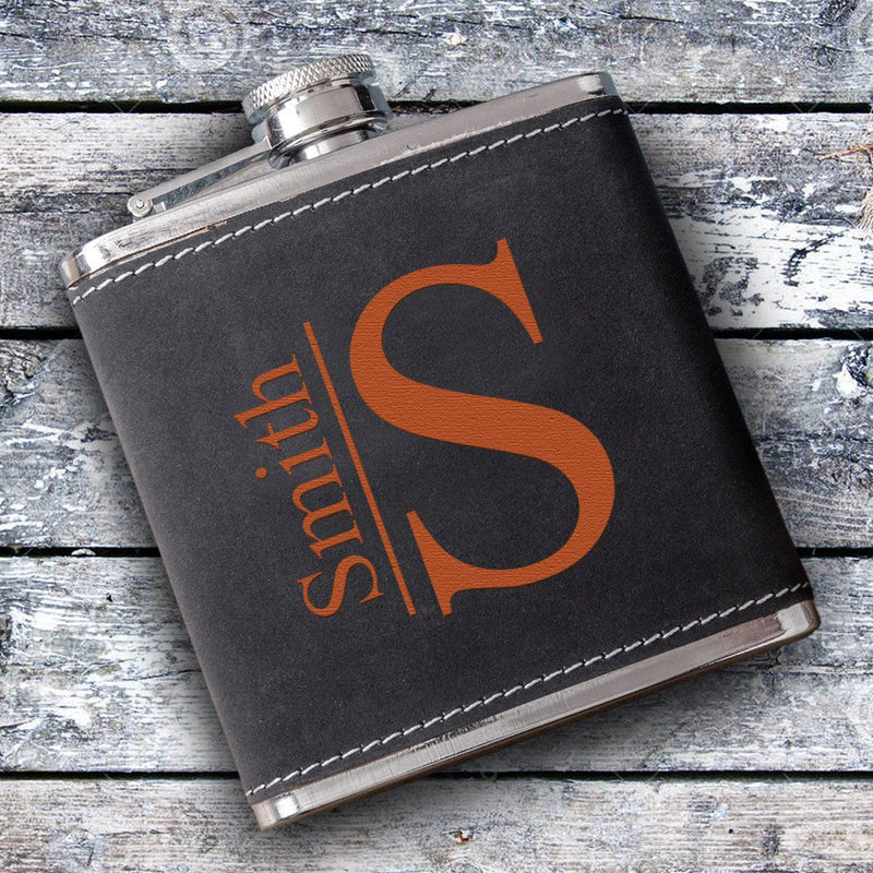 Silverton Monogrammed 6 oz. Stainless Steel and Suede Flask-Modern-