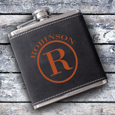 Silverton Monogrammed 6 oz. Stainless Steel and Suede Flask-Circle-