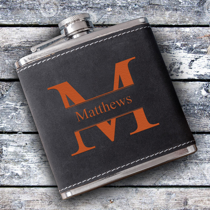 Silverton Monogrammed 6 oz. Stainless Steel and Suede Flask-Stamped-