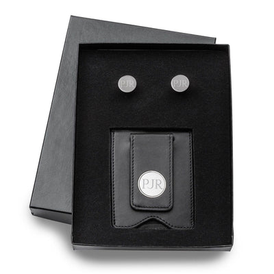Groomsmen Personalized Black Leather Wallet & Gunmetal Cuff Links Gift Set-