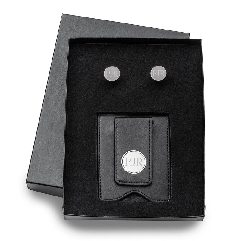 Groomsmen Personalized Black Leather Wallet & Gunmetal Cuff Links Gift Set-