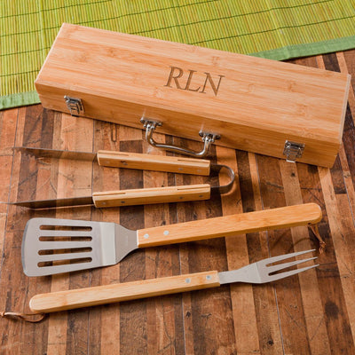 Personalized Set of 5 Grilling Set with Bamboo Case-