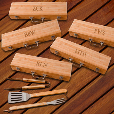 Personalized Set of 5 Grilling Set with Bamboo Case-