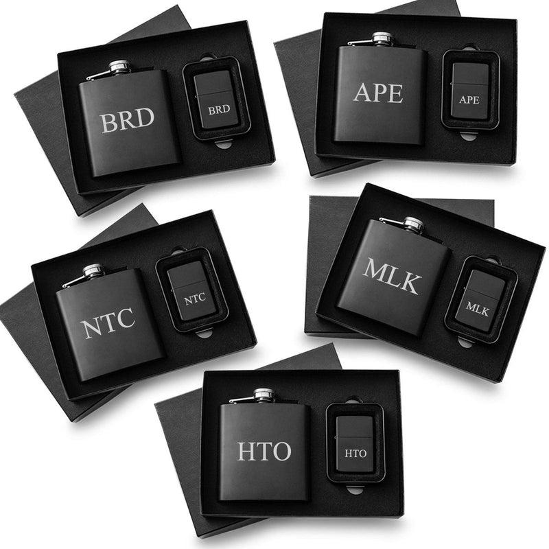 Personalized Black Flasks & Lighters - Gift Set of 5-Flasks-JDS-3Initials-