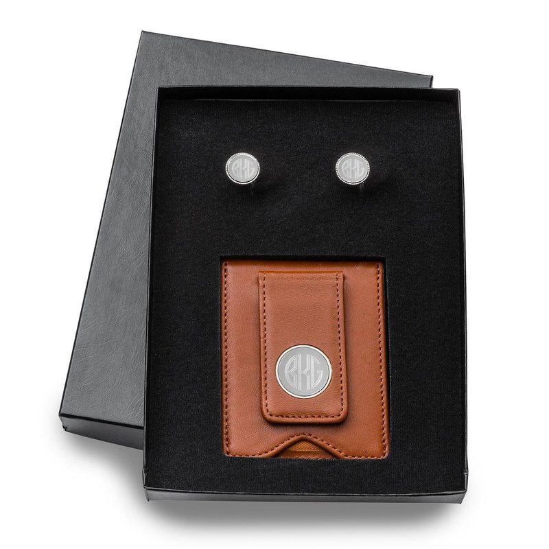 Engraved Leather Wallet & Monogrammed Cufflinks Gift Set-Brown-