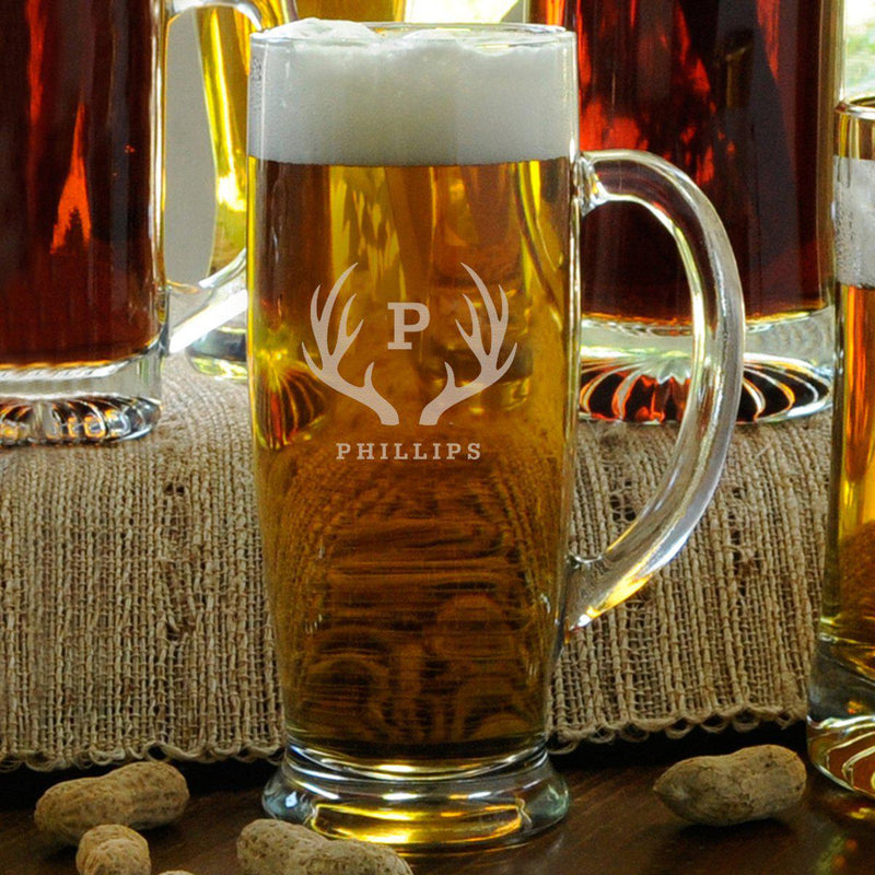Personalized Beer Mugs - Glass - Slim - Groomsmen - 18 oz.-Antlers-
