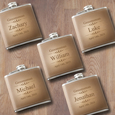 Set of 5 Groomsmen Personalized Tan Hide Stitched Flasks