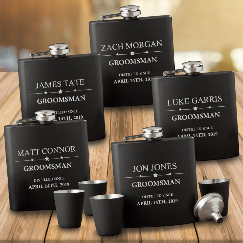 Personalized Matte Black Flasks Set of 5 with Shot Glasses