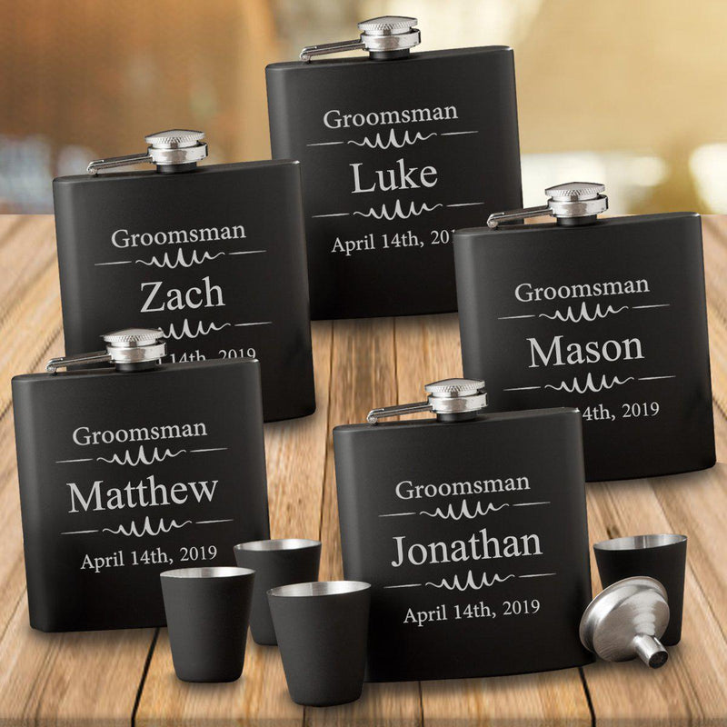 Personalized Matte Black Flasks Set of 5 with Shot Glasses