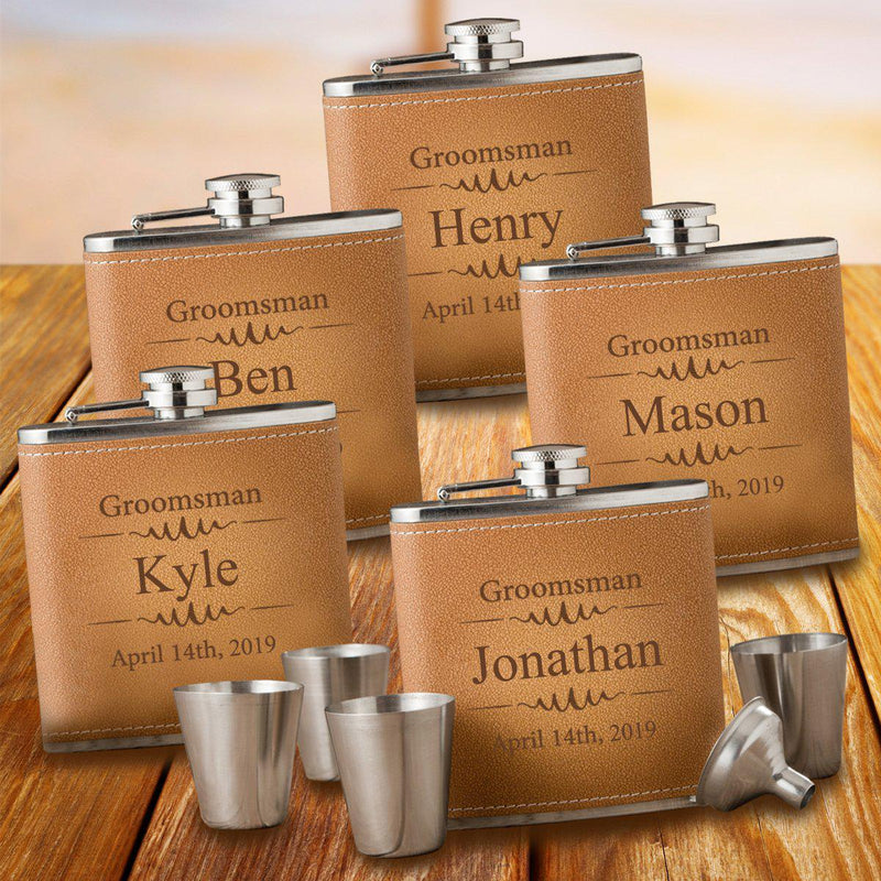 Personalized Groomsmen Tan Hide Flask Set of 5
