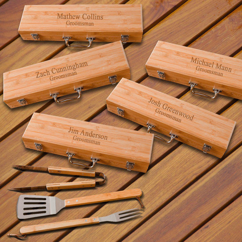 Personalized Set of 5 Grilling Set - Bamboo Case - Stainless Steel-2Lines-